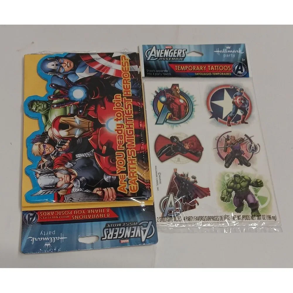 VTG Avengers Assemble Hallmark‎ Invitations Thank you cards Tattoos 8 unused new